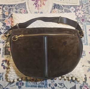 Elizabeth and James Dark Brown Suede Saddle Bag with Gold Hardware